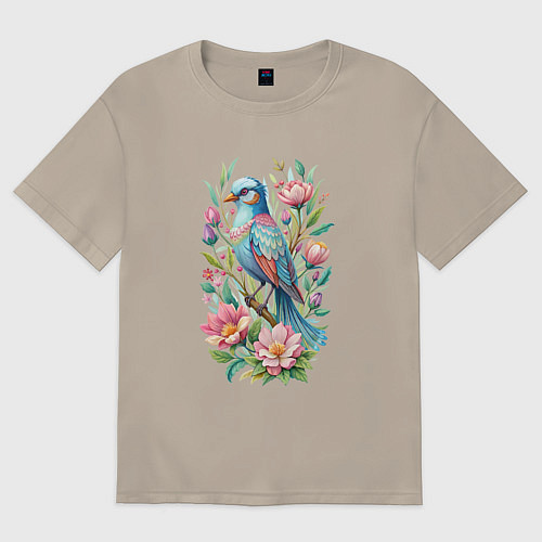 Мужская футболка оверсайз Красивая голубая птица среди цветов / Миндальный – фото 1
