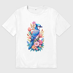 Мужская футболка оверсайз Голубая сойка среди цветов