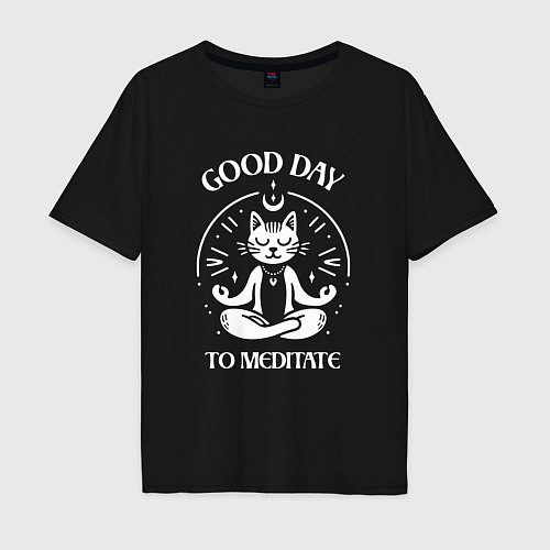 Мужская футболка оверсайз Забавный кот медитирует хороший день для медитации / Черный – фото 1