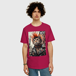 Футболка оверсайз мужская Котяра панк из Нью-Йорка - нейросеть, цвет: маджента — фото 2