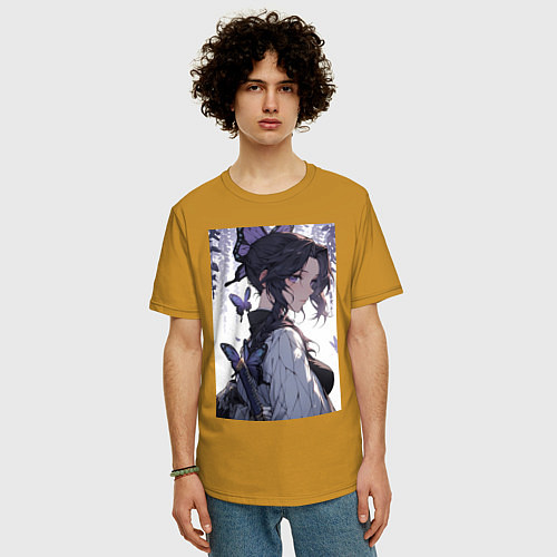 Мужская футболка оверсайз Клинок, рассекающий демонов Синобу Котё бабочка / Горчичный – фото 3
