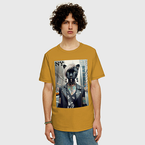 Мужская футболка оверсайз Молодая пантера - модница из Нью-Йорка / Горчичный – фото 3