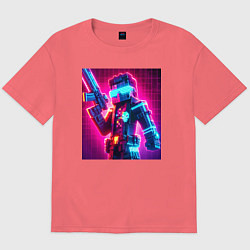 Футболка оверсайз мужская Minecraft and cyberpunk collaboration - neon glow, цвет: коралловый