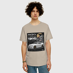 Футболка оверсайз мужская Nissan Skyline годзила, цвет: миндальный — фото 2