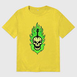 Мужская футболка оверсайз Яркий зеленый череп в виде гитары