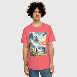 Футболка оверсайз мужская Ghost of Tsushima - watercolor, цвет: коралловый — фото 2