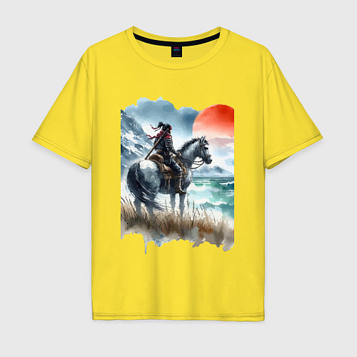 Мужская футболка оверсайз Японский самурай на коне - нейросеть / Желтый – фото 1