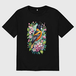 Футболка оверсайз мужская Балтиморская иволга среди цветов, цвет: черный
