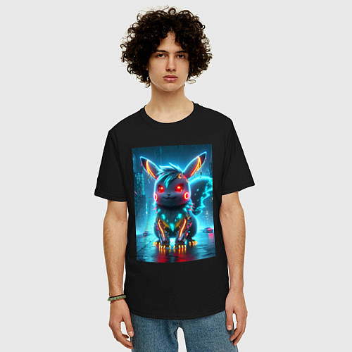 Мужская футболка оверсайз Cyber Pikachu in the neon metropolis - ai art / Черный – фото 3