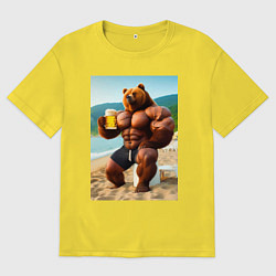 Мужская футболка оверсайз Медведь бодибилдер с кружкой пива на пляже - нейро
