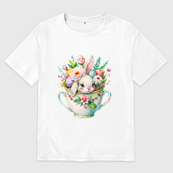 Мужская футболка оверсайз Милый кролик акварельная чашечка цветы
