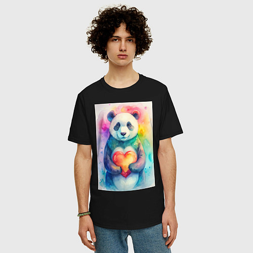 Мужская футболка оверсайз Нежная панда с сердцем в лапках / Черный – фото 3