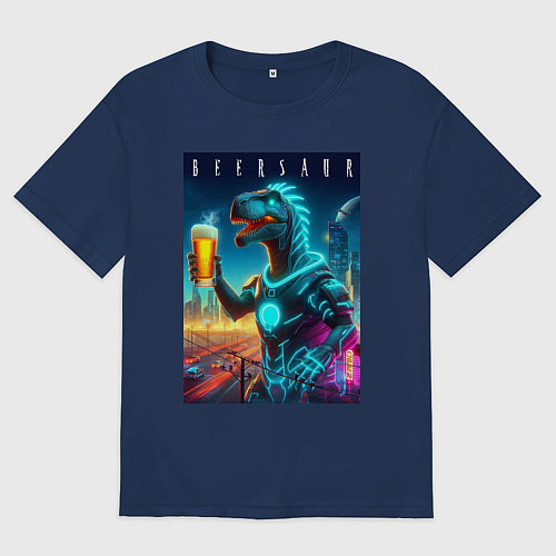 Мужская футболка оверсайз Дино с кружкой пива в Мегаполисе - нейроарт / Тёмно-синий – фото 1