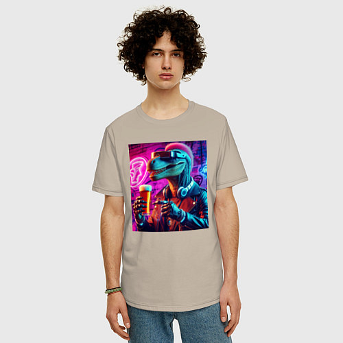 Мужская футболка оверсайз Neon beersaur - neon glow / Миндальный – фото 3