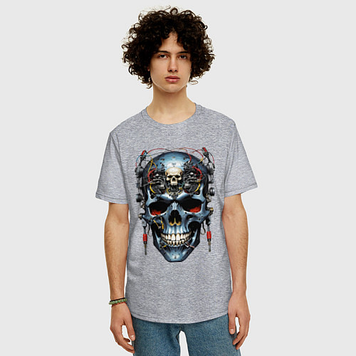 Мужская футболка оверсайз Кибер череп - нейроарт фантазия / Меланж – фото 3