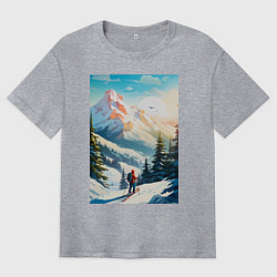 Мужская футболка оверсайз Лыжник в горах