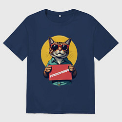 Футболка оверсайз мужская Сat with a poster, цвет: тёмно-синий
