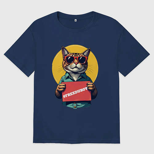 Мужская футболка оверсайз Сat with a poster / Тёмно-синий – фото 1