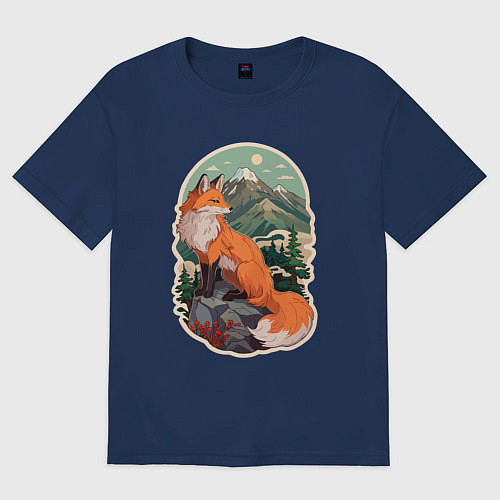 Мужская футболка оверсайз Лиса и горы / Тёмно-синий – фото 1