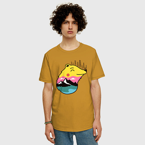Мужская футболка оверсайз Лесной медведь и человек / Горчичный – фото 3