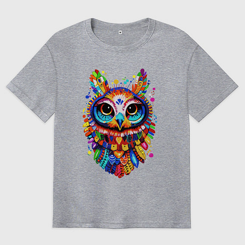 Мужская футболка оверсайз Сюрреалистичная сова радужные перья / Меланж – фото 1