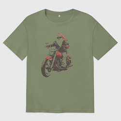 Мужская футболка оверсайз Дед мороз на мотоцикле чоппере