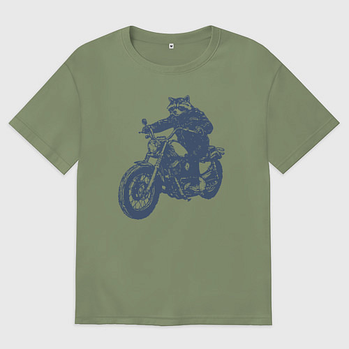 Мужская футболка оверсайз Енот байкер на мотоцикле на чоппере / Авокадо – фото 1