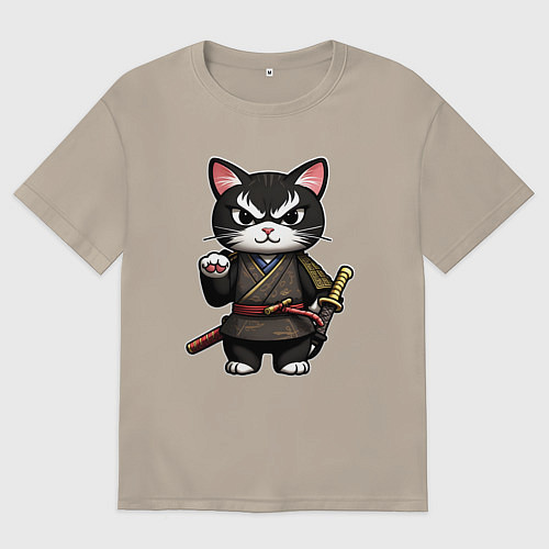 Мужская футболка оверсайз Крутой кот самурай / Миндальный – фото 1