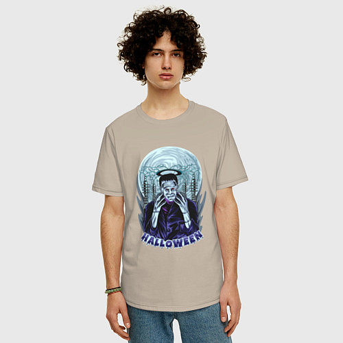 Мужская футболка оверсайз Хэллоуин Франкенштейн / Миндальный – фото 3
