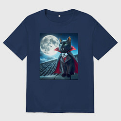 Футболка оверсайз мужская Чёрный кот вампир - хэллоуин, цвет: тёмно-синий