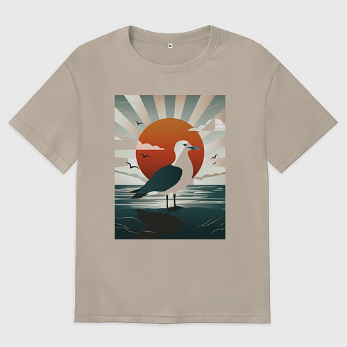 Мужская футболка оверсайз Чайка на берегу / Миндальный – фото 1