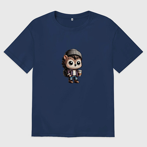 Мужская футболка оверсайз Ежик-хипстер / Тёмно-синий – фото 1