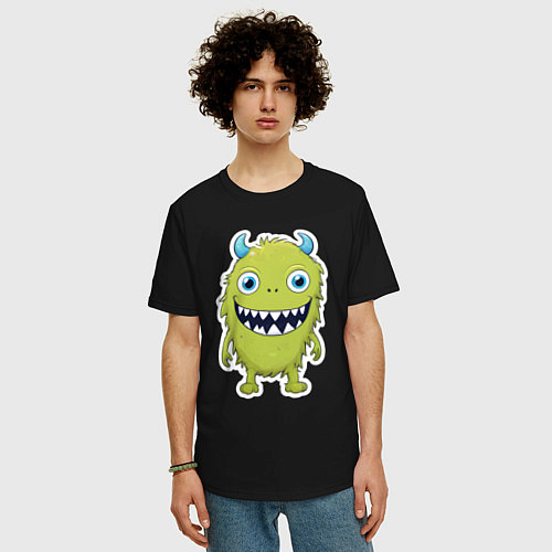 Мужская футболка оверсайз Смешной зеленый монстрик / Черный – фото 3