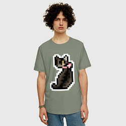 Футболка оверсайз мужская Милая пиксельная кошка с розовым ошейником, цвет: авокадо — фото 2