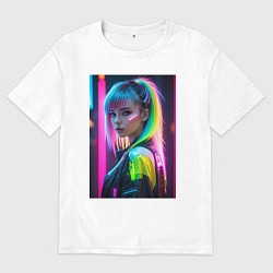 Мужская футболка оверсайз Киберпанк девушка с зеленым хвостом