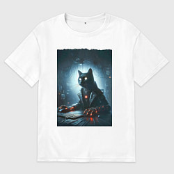 Футболка оверсайз мужская Кибер кот за компьютером - неоновое свечение, цвет: белый