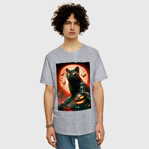 Мужская футболка оверсайз Стимпанк кот в очках - нейроарт / Меланж – фото 3