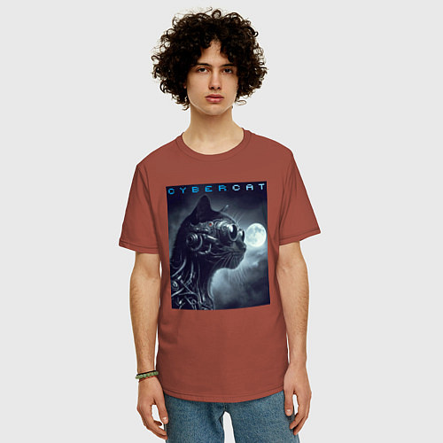 Мужская футболка оверсайз Cyber black cat - ai art fantasy / Кирпичный – фото 3