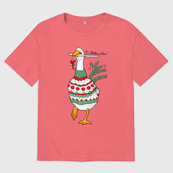 Футболка оверсайз мужская Гусь новогодний с ножом, цвет: коралловый