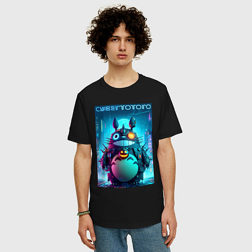 Мужская футболка оверсайз Cyber Totoro - halloween fantasy / Черный – фото 3