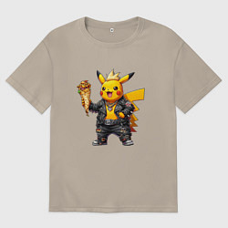 Мужская футболка оверсайз Толстый пикачу панк-рокер с шавермой в руке