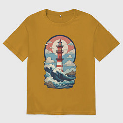 Мужская футболка оверсайз Маяк в море и волны