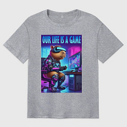 Футболка оверсайз мужская Капибара заядлый геймер - неоновое свечение, цвет: меланж