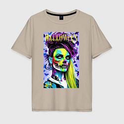 Футболка оверсайз мужская Halloween zombie - magazin cover, цвет: миндальный