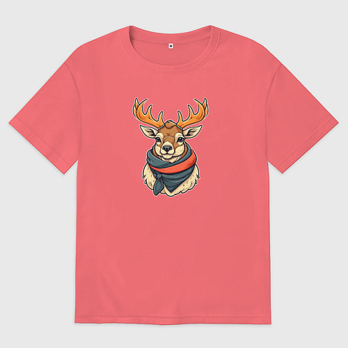 Мужская футболка оверсайз Олень в шарфе / Коралловый – фото 1