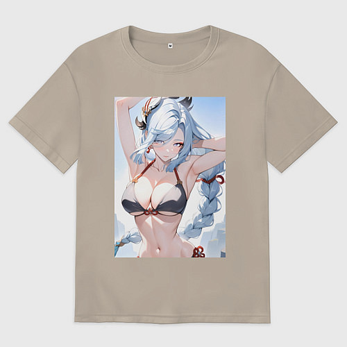 Мужская футболка оверсайз Геншин Шэнь Хэ купальник / Миндальный – фото 1