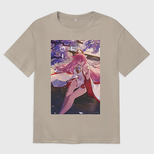 Мужская футболка оверсайз Геншин Яэ Мико Гудзи / Миндальный – фото 1