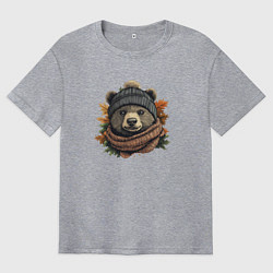 Футболка оверсайз мужская Медведь в шарфе и шапке, цвет: меланж