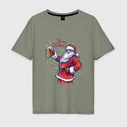 Футболка оверсайз мужская Merry Christmas Santa beer, цвет: авокадо