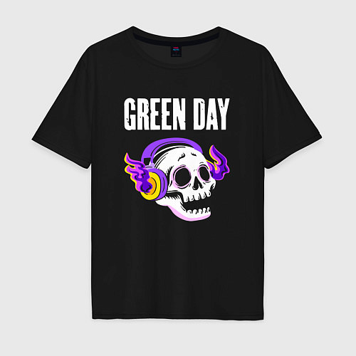 Мужская футболка оверсайз Green Day - неоновый череп / Черный – фото 1